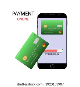 Internet payment with mobile phone concept banner. Smartphone with credit card. Flat style illustration.