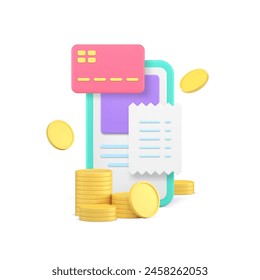 Internet payment online shopping order purchase smartphone application 3d icon realistic vector illustration. Mobile phone paying financial money banking transaction card receipt coin cash currency