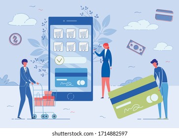 Internet Payment with Technologies Flat Cartoon Vector Illustration. Credit Card on Mobile Phone. Contactless Paying. Doing Purchases, Cart Signs, Buying Validation. Personal Data Protection.
