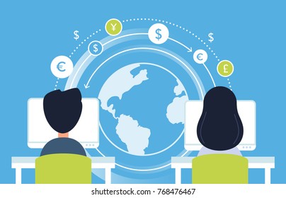 Internet Payment, Working Online and Currency Flow Analytics Concept Illustration. Vector Design