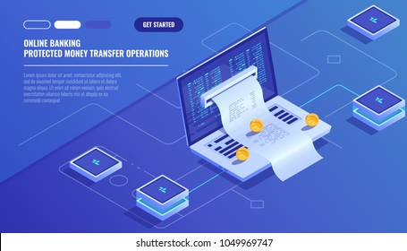 Internet Payments, Protection Money Transfer, Online Bank, Budget Accounting, Electronic Bill, Laptop With Paper Receipt Isometric Vector Technology