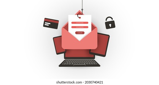 Internet Phishing, Account Hacking Attempt By Malicious Email - Hacker Activity, Data Theft, Hacked, Stolen Login Credentials And Password, Cyber Crime And Network Security Vector Concept Illustration