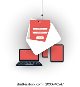 Internet Phishing, Account Hacking Attempt By Malicious Email - Hacker Activity, Data Theft, Hacked, Stolen Login Credentials And Password, Cyber Crime And Network Security Vector Concept Illustration