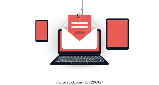 Internet Phishing, Account Hacking Attempt By Malicious Email - Hacker Activity, Data Theft, Hacked, Stolen Login Credentials And Password, Cyber Crime And Network Security Vector Concept Illustration