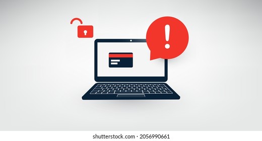 Internet Phishing, Account Hacking Attempt During Online Payment - Hacker Activity, Data Theft, Hacked, Stolen Login Credentials, Password, Credit Card Data - Cyber Crime And Security Vector Concept