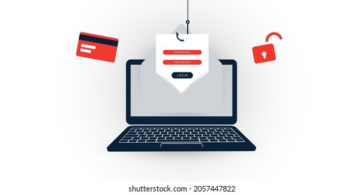 Internet Phishing, Account Hacking Attempt - Hacker Activity, Data Theft, Hacked, Stolen Login Credentials And Password, Credit Card Information - Cyber Crime, Security Vector Concept Illustration