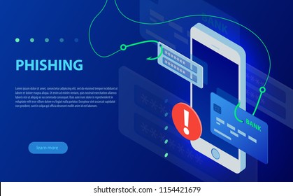 Internet phishing, hacked login and password. Phishing via internet isometric vector concept illustration. Hacking credit card or personal information website. Cyber banking account attack.
