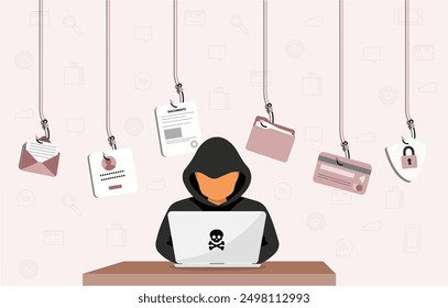 Ataque de phishing y hacking en Internet. Falsificación de correo electrónico y seguridad de la información personal y credenciales robadas, sistema de hackeo, seguridad de phishing 