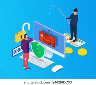 El phishing y el hackeo de Internet atacan el concepto isométrico. Suplantación de correo electrónico y fondo de seguridad de información personal. ataque de Internet en tarjeta de crédito. ilustración vectorial en diseño plano.