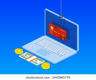 Internet phishing and hacking attack isometric concept. Email spoofing and personal information security background. internet attack on credit card. vector illustration in flat design.