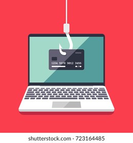 Internet phishing and hacking attack vector flat concept. Email spoofing and personal information security background. Illustration of internet attack on credit card