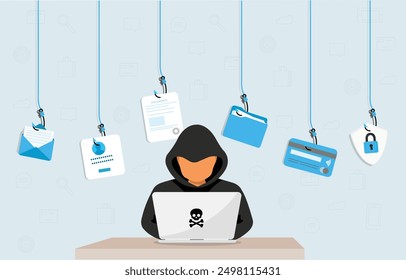 Ataque de phishing y hacking en Internet. Falsificación de correo electrónico y seguridad de la información personal y credenciales robadas, sistema de hackeo, seguridad de phishing 