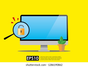 Internet phishing, hacking internet social network concept. Unlocked padlock icon with magnifying glass on computer screen. Cyber data breach or pishing crime. Illustration vector.