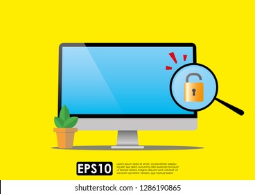Internet phishing, hacking internet social network concept. Unlocked padlock icon with magnifying glass on computer screen. Cyber data breach or pishing crime. Illustration vector.