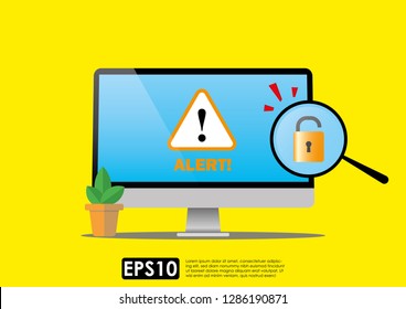 Internet phishing, hacking internet social network concept. Unlocked padlock icon with magnifying glass on computer screen with exclamation mark and alert! text. Illustration vector.