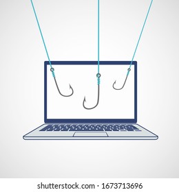 Internet phishing. Theft of confidential data from a computer. Laptop with fishing hooks on the screen. Vector illustration