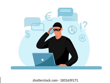 Internet phone crime. Conceptual illustration of online internet fraud, cybercrime, data hacking. Cartoon design isolated on white background. Flat vector illustration