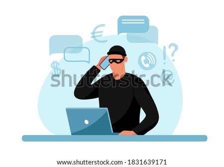 Internet phone crime. Conceptual illustration of online internet fraud, cybercrime, data hacking. Cartoon design isolated on white background. Flat vector illustration