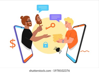 Internet Phone Crime, Online Internet Fraud, Cybercrime, Data Hacking, Coding At Computer, Stealing Money From Smartphone. Flat Abstract Metaphor Outline Cartoon Vector Illustration Concept Design