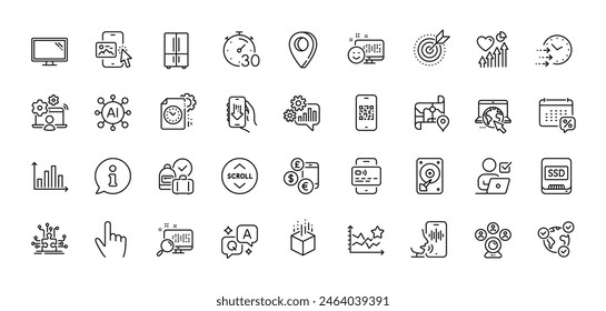 Paquete de iconos de línea de Internet, Imagen telefónica y latido del corazón. AI, Pregunta y respuesta, Iconos de pin de mapa. Mapa, Cursor, Icono de Web del refrigerador. Monitor, tarjeta, pictograma de información. Vector