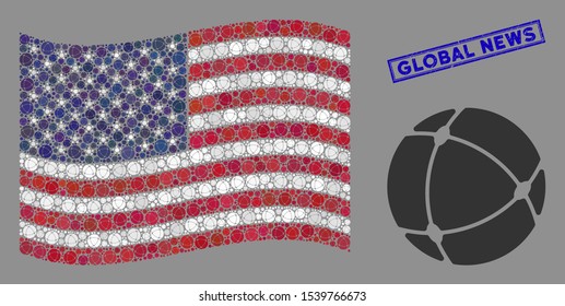 Internet pictograms are combined into USA flag stylization with blue rectangle distressed stamp seal of Global News phrase. Vector concept of USA waving flag is constructed with internet items.