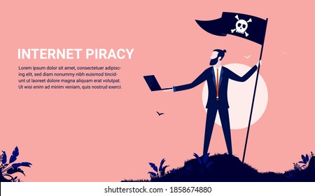 Internet piracy - Businessman with pirate flag holding computer downloading illegal software. Copy space for text.