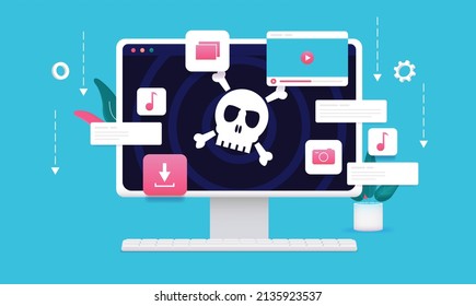 Internet piracy - Desktop computer with pirate skull on screen and file download elements. Vector illustration