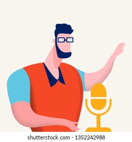 Internet Podcasting Program Vector Illustration. Man in Glasses Talking in Microphone Cartoon Character. Guy Recording Modern Podcast Show. Sound Record Studio Flat Color Design Element