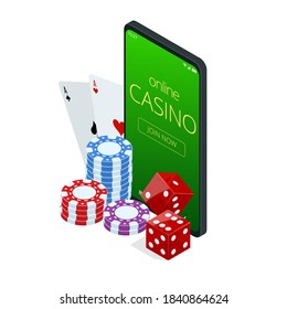 Internet poker game. Poker cards, chips game elements. Isometric Online Casino Gambling Concept.