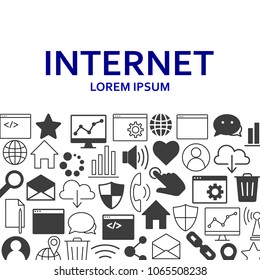 Internet poster with flat icons set. Banner design concept with outline art icons. Internet web design background. Internet collection for infographics websites and print media vector illustration