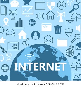 Internet poster with flat icons set. Banner design concept with outline art icons. Internet web design background. Internet collection for infographics websites and print media vector illustration