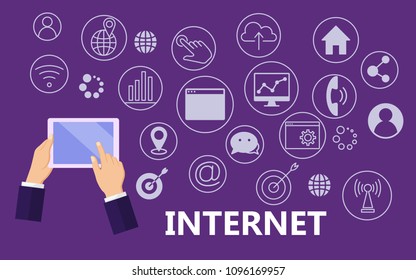 Internet poster with flat icons set. Banner design concept with outline art icons. Internet web design background. Internet collection for infographics websites and print media vector illustration