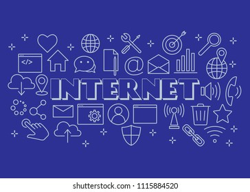 Internet poster with flat icons set. Banner design concept with outline art icons. Internet web design background. Internet collection for infographics websites and print media vector illustration