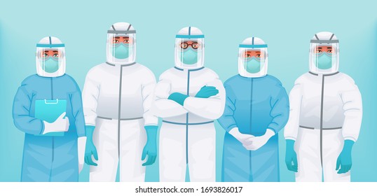 Internet-Poster mit einem Team von Ärzten in Schutzanzügen, medizinischen Masken und Brillen. Konzept für die Bekämpfung der medizinischen Fachkräfte mit dem Ausbruch der Coronavirus-Epidemie. Vektorillustration