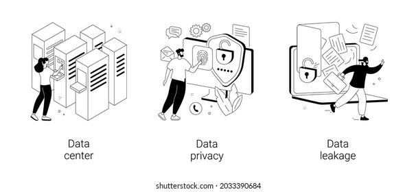 Abstraktes Konzept für den Schutz der Privatsphäre im Internet, Vektorgrafik-Set. Rechenzentrum, Datensicherheit und Datenleckage, Computersystem, Remote-Speicher, Datenbanknetzwerke, Sicherheitssoftware, abstrakte Metapher für Hacker.