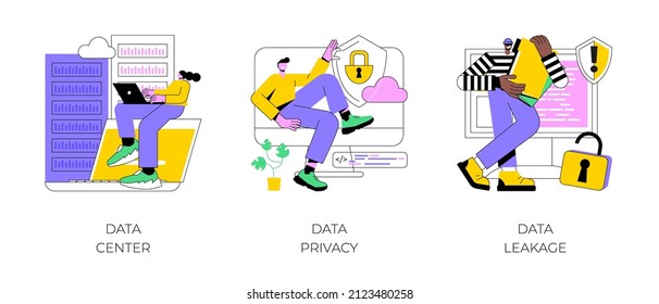 Abstraktes Konzept für den Schutz der Privatsphäre im Internet, Vektorgrafik-Set. Rechenzentrum, Datensicherheit und Datenleckage, Computersystem, Remote-Speicher, Datenbanknetzwerke, Sicherheitssoftware, abstrakte Metapher für Hacker.