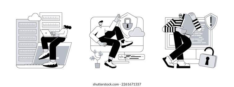 Abstraktes Konzept für den Schutz der Privatsphäre im Internet, Vektorgrafik-Set. Rechenzentrum, Datensicherheit und Datenleckage, Computersystem, Remote-Speicher, Datenbanknetzwerke, Sicherheitssoftware, abstrakte Metapher für Hacker.