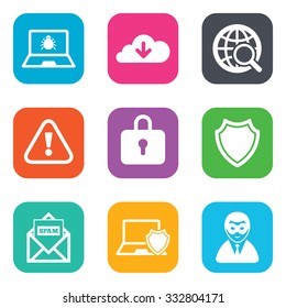 Internet privacy icons. Cyber crime signs. Virus, spam e-mail and anonymous user symbols. Flat square buttons. Vector