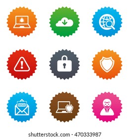 Internet privacy icons. Cyber crime signs. Virus, spam e-mail and anonymous user symbols. Stars label button with flat icons. Vector