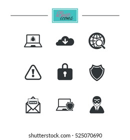 Internet privacy icons. Cyber crime signs. Virus, spam e-mail and anonymous user symbols. Black flat icons. Classic design. Vector