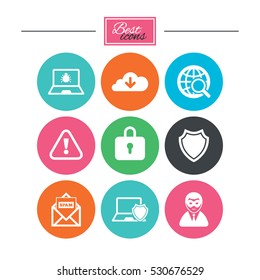 Internet privacy icons. Cyber crime signs. Virus, spam e-mail and anonymous user symbols. Colorful flat buttons with icons. Vector