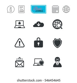 Internet Privacy Icons. Cyber Crime Signs. Virus, Spam E-mail And Anonymous User Symbols. Report Document, Calendar And Information Web Icons. Vector