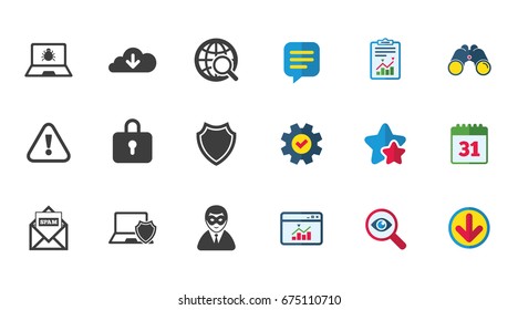 Internet Privacy Icons. Cyber Crime Signs. Virus, Spam E-mail And Anonymous User Symbols. Calendar, Report And Download Signs. Stars, Service And Search Icons. Statistics, Binoculars And Chat. Vector