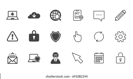 Internet Privacy Icons. Cyber Crime Signs. Virus, Spam E-mail And Anonymous User Symbols. Chat, Report And Calendar Line Signs. Service, Pencil And Locker Icons. Click, Rotation And Cursor. Vector