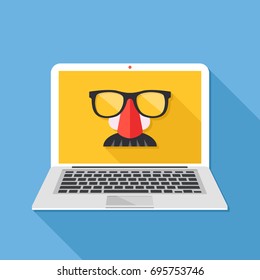 Internet Privacy, Online Conspiracy, Private Browsing, Incognito Mode, Anonymous Web Browsing Concepts. Disguise Mask On Laptop Screen. Long Shadow Design. Creative Flat Design Vector Illustration