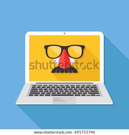 Internet privacy, online conspiracy, private browsing, incognito mode, anonymous web browsing concepts. Disguise mask on laptop screen. Long shadow design. Creative flat design vector illustration