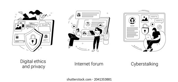 Internet privacy violation abstract concept vector illustration set. Digital ethics and privacy, Internet forum, cyberstalking, data protection, user information, social media abstract metaphor.