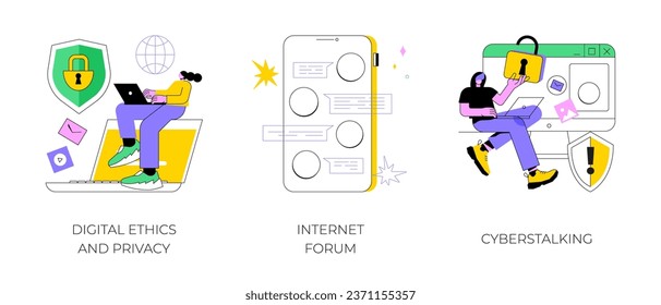 Internet privacy violation abstract concept vector illustration set. Digital ethics and privacy, Internet forum, cyberstalking, data protection, user information, social media abstract metaphor.