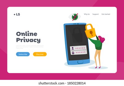 Internet Profile or Account Web Security Landing Page Template. Tiny Woman Character Stand at Huge Mobile Phone Put Padlock on Screen with Password or Login Identification. Cartoon Vector Illustration