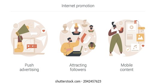 Internet promotion abstract concept vector illustration set. Push advertising, attracting followers, mobile content, follow social media page, digital marketing strategy, promotion abstract metaphor.